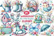 Blue & Pink Gingham Spring Clipart, an Illustration by DreamCafeArt (Thumbnail 1 of 6)