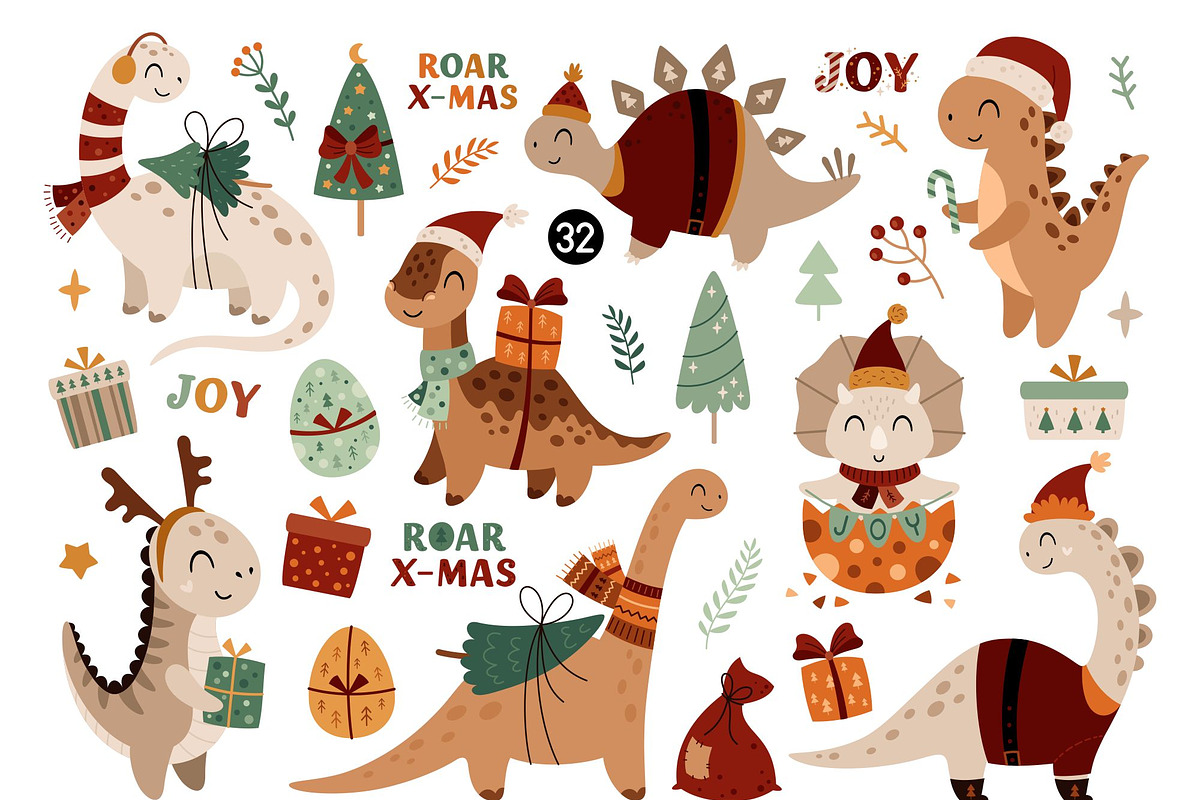 Dinosaur Christmas clipart, an Animal Illustration by JulzaArt (Photo 2 of 6)