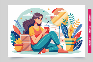 Woman warm day drink outside, an Illustration by Tanuart