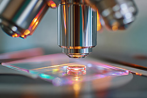 Microscope lens focusing on a glass slide, a Technology Photo by AlyaAnd