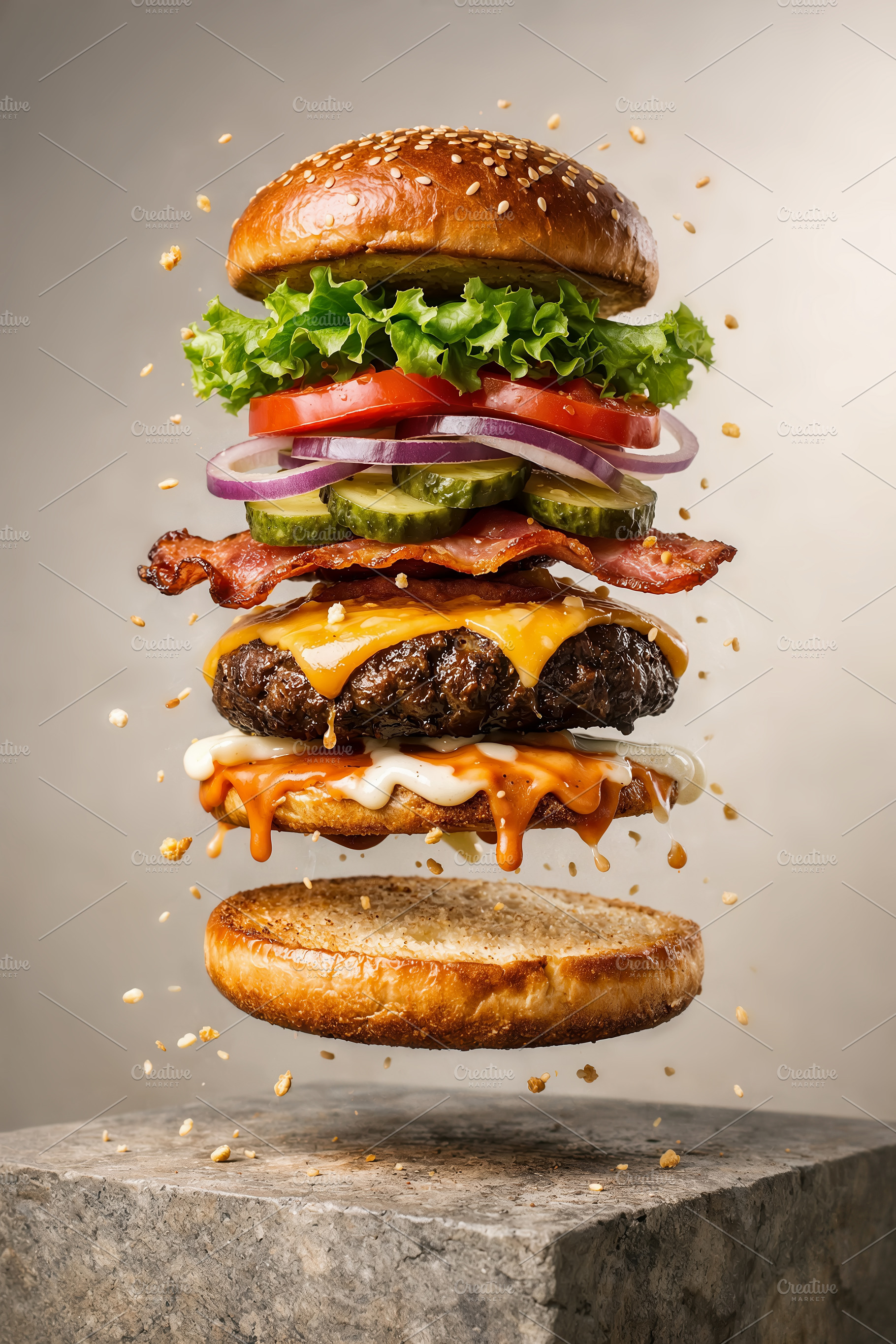 Gourmet burger with ingredients floa, a Food & Drink Photo by angellodeco