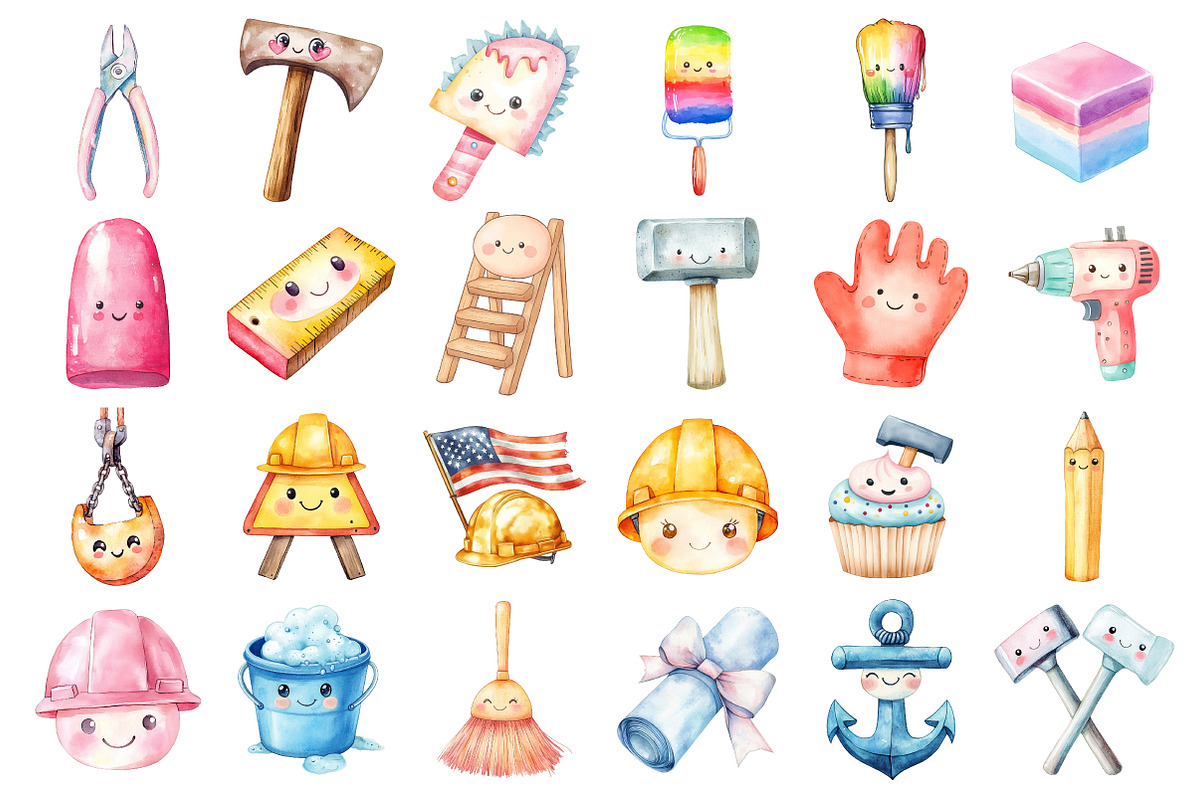 Watercolor Kawaii Labor Day Clipart, an Illustration by Daily.Designs (Photo 2 of 3)