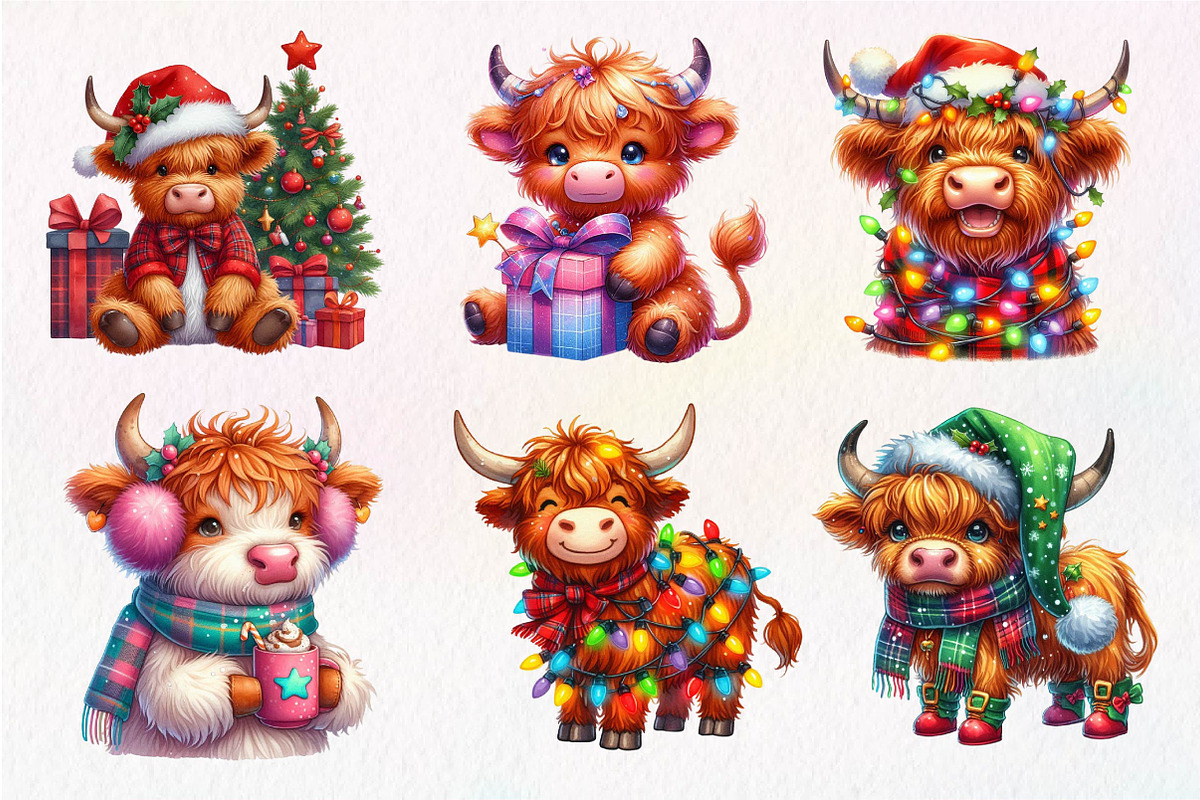Cute Christmas Highland Cow Clipart, an Illustration by Dream Creation (Photo 2 of 7)