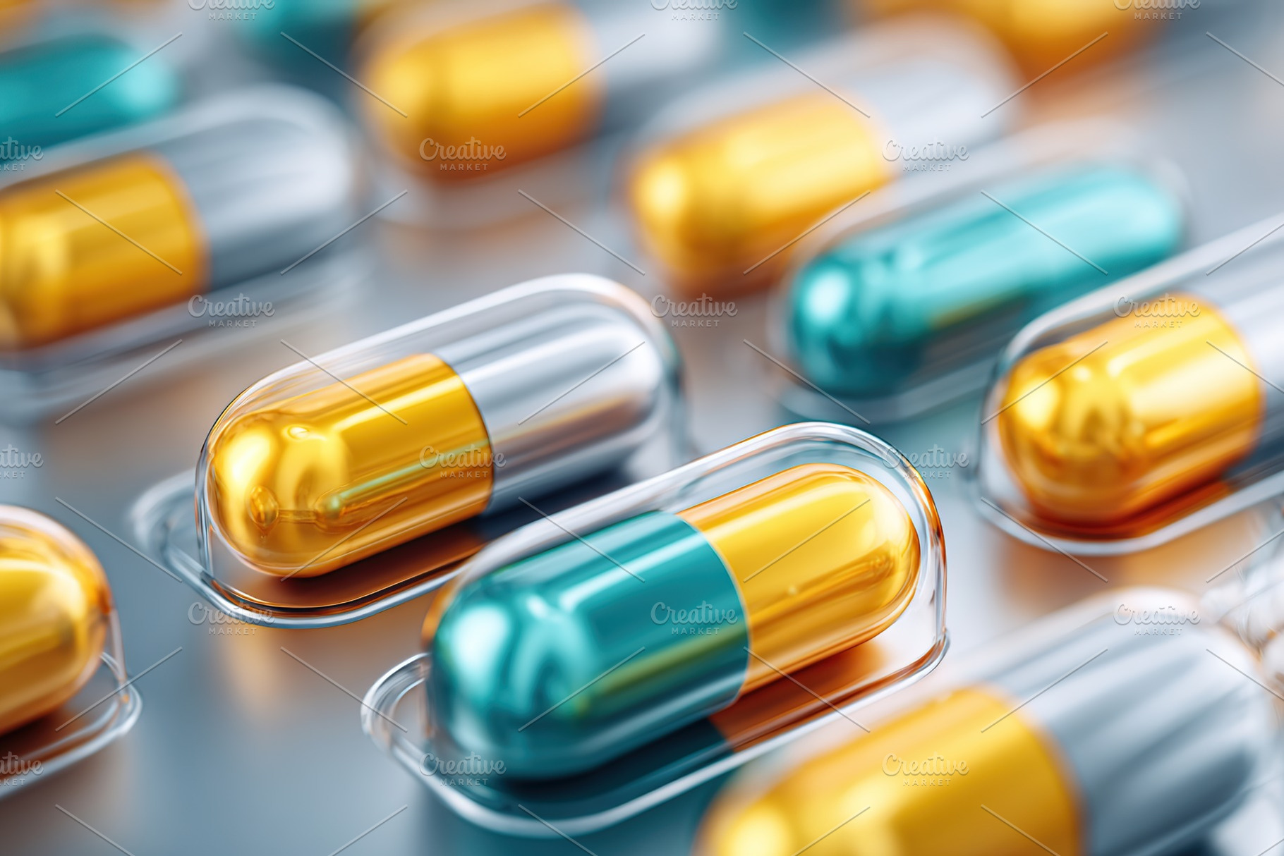 Macro view of multiple two-tone capsules arranged on reflective surface, a Health & Medical Photo by AlyaAnd