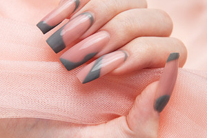 Woman's hand with long pink and gray nail art, a Beauty & Fashion Photo by Olena Rudo