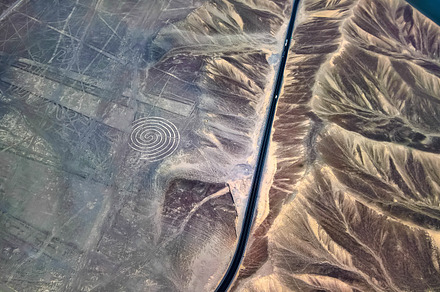Aerial airplane panoramic view to Nazca geoglyph lines aka spiral, Ica, Peru, an Architecture Photo by Wild, Wild World