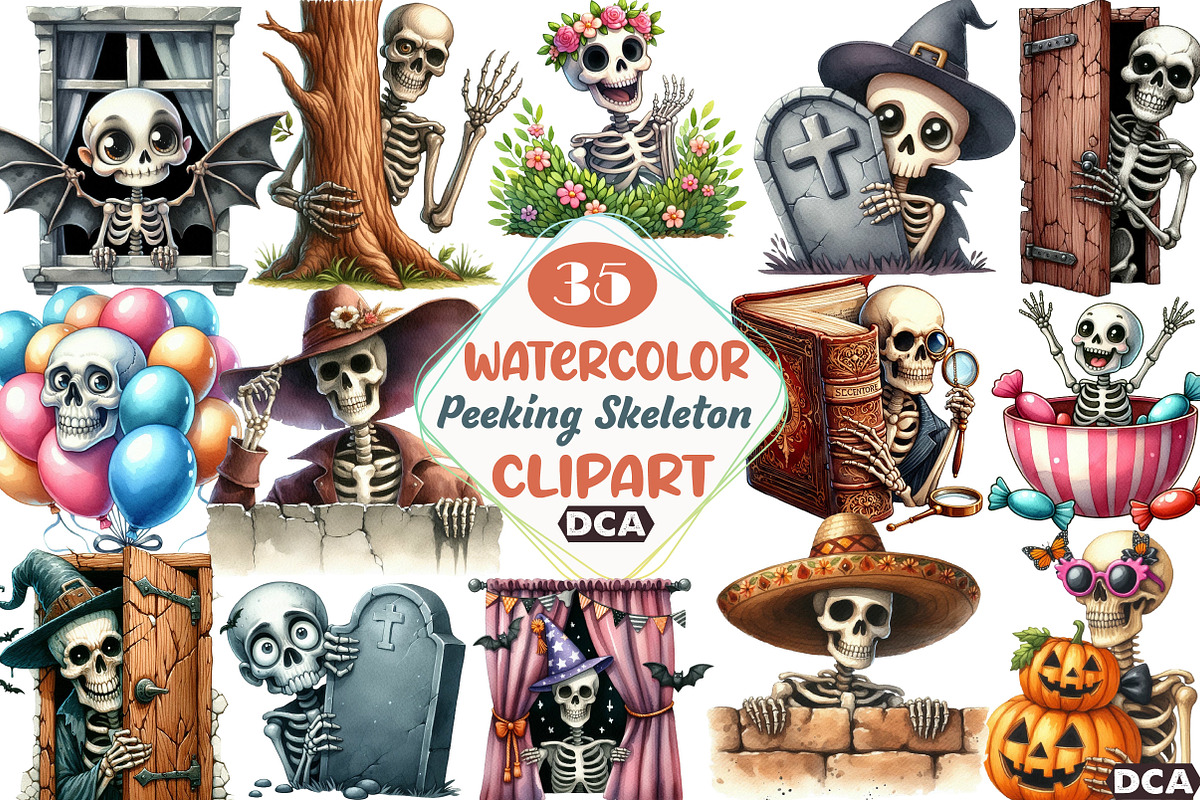 Funny Skeleton Peeking Bundle Clipar, an Illustration by DreamCafeArt (Photo 1 of 5)