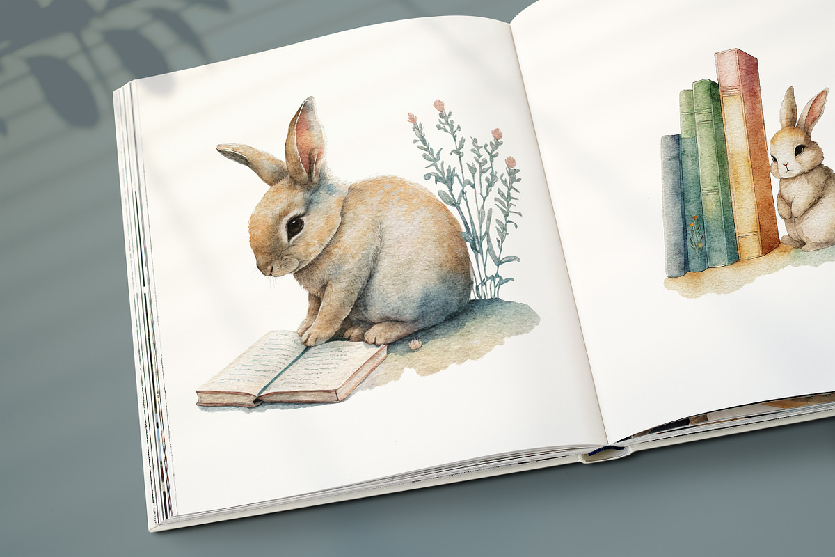 Bunny and Books. Watercolor rabbit, an Animal Illustration by AlineArtStore (Photo 9 of 15)
