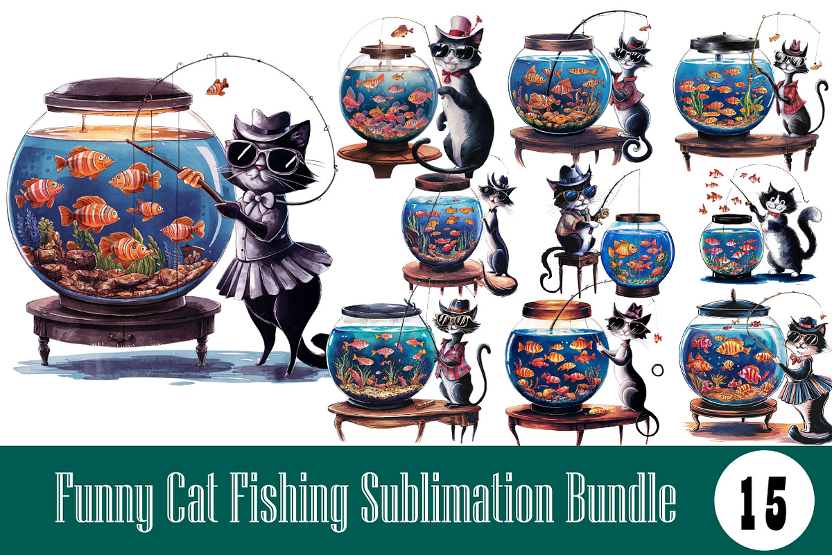 Funny Cat Fishing Sublimation Bundle, an Illustration by Wow Magic