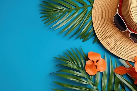 Summer hat with sunglasses and palm leaves. Summer time concept. Generative AI, a Beauty & Fashion Photo by AlyaAnd