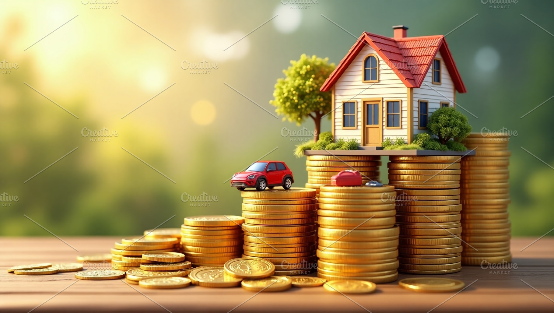Miniature House and Car on Gold Coin, a Business Photo by Stock Shape