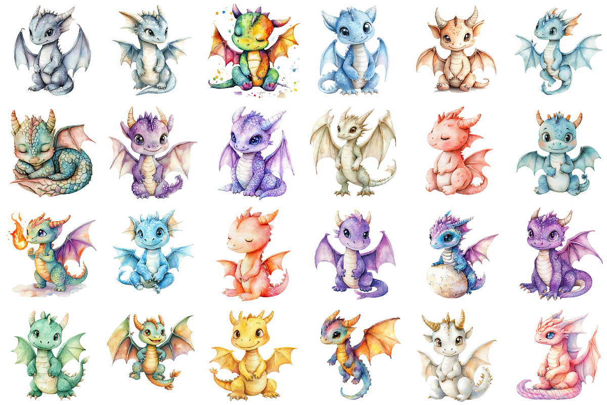 Watercolor cute baby Dragon Clipart, an Illustration by designcity5 (Photo 2 of 5)