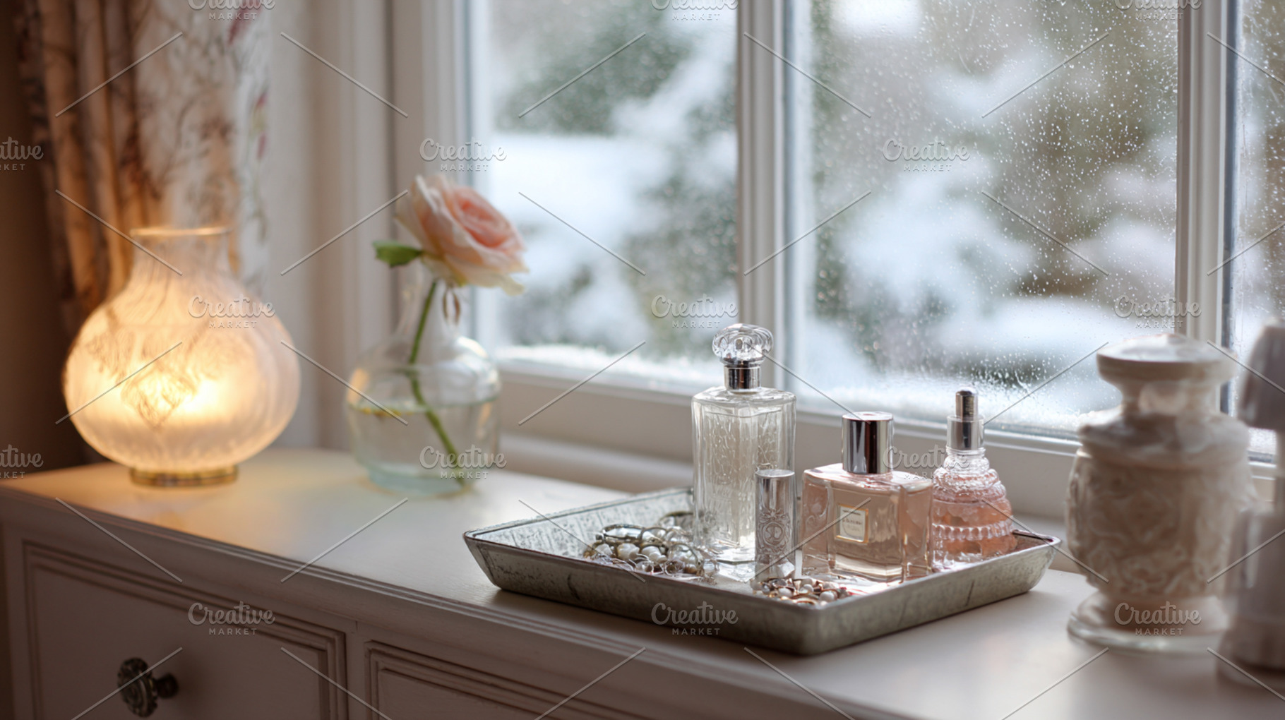 Cozy winter vanity scene with beauty products, rose, and perfume, a Photo by Studio ANNA