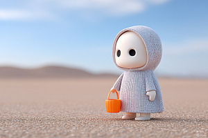 Small figure in a cozy sweater holding a bucket in a vast desert landscape unde, a Holiday Photo by AlyaAnd