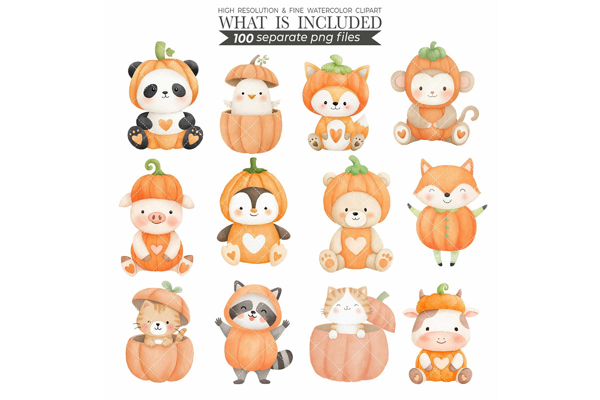 Watercolor Pumpkin Patch Animal, an Animal Illustration by CharmClipart (Photo 5 of 10)