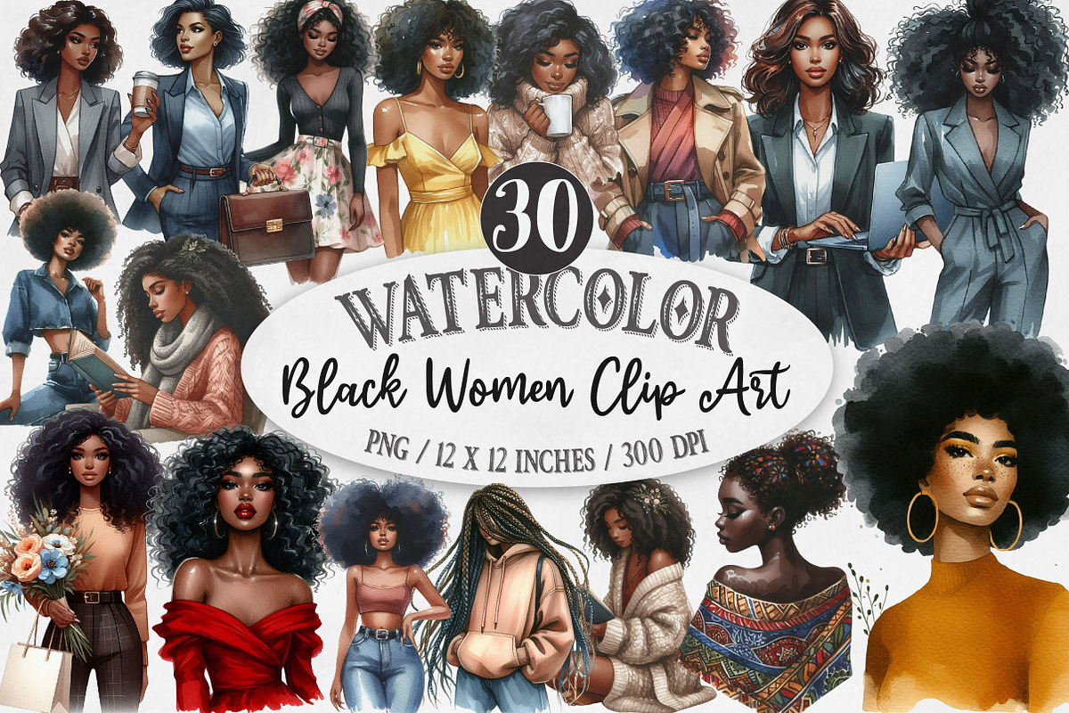 Watercolor Black Women Clip Art, an Illustration by Designking (Photo 1 of 5)
