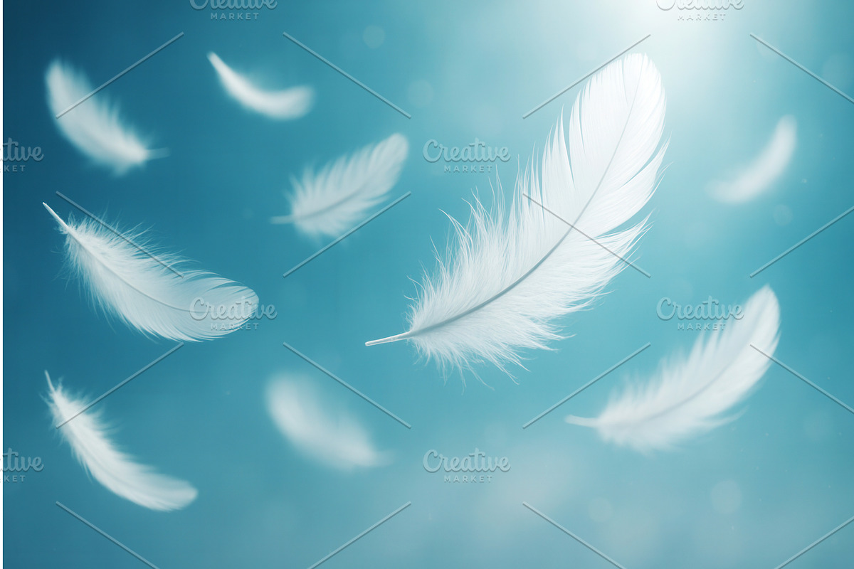 Several white feathers gently float, an Illustration by Sergey Kotenev