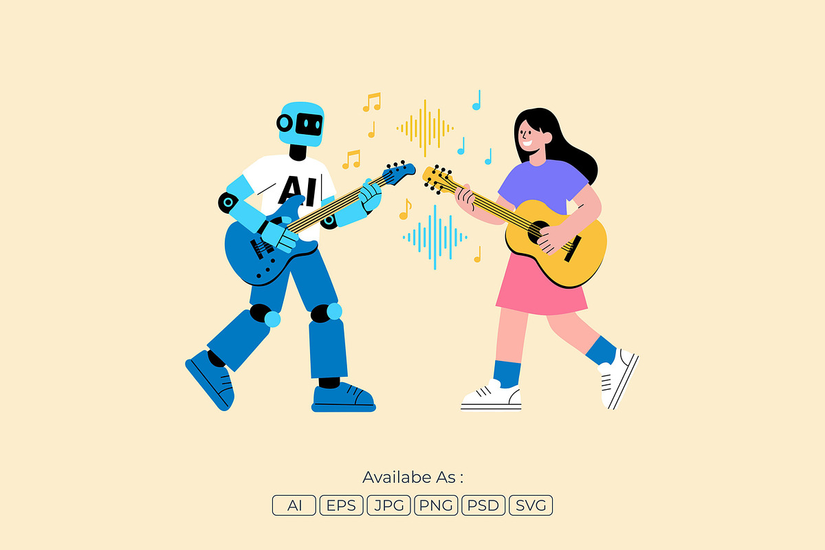 AI Robot and Human Guitarist, a Technology Illustration by Partikusi Design (Photo 2 of 3)