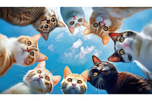 Group of cats looking curiously at, an Animal Photo by Igor Tichonow