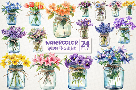 Watercolor Spring Flower Jar Clipart, a Work Illustration by OK Design