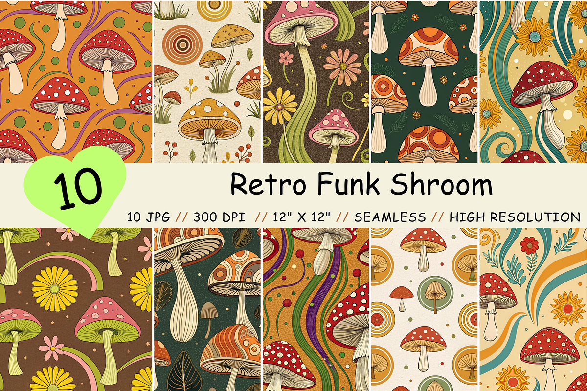 Retro Funk Shroom Digital Paper, a Pattern Graphic by FloridPrintables (Photo 1 of 6)