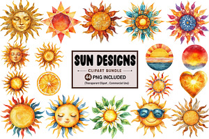 Watercolor Sun Designs for Summer, an Illustration by Pixels.Craft