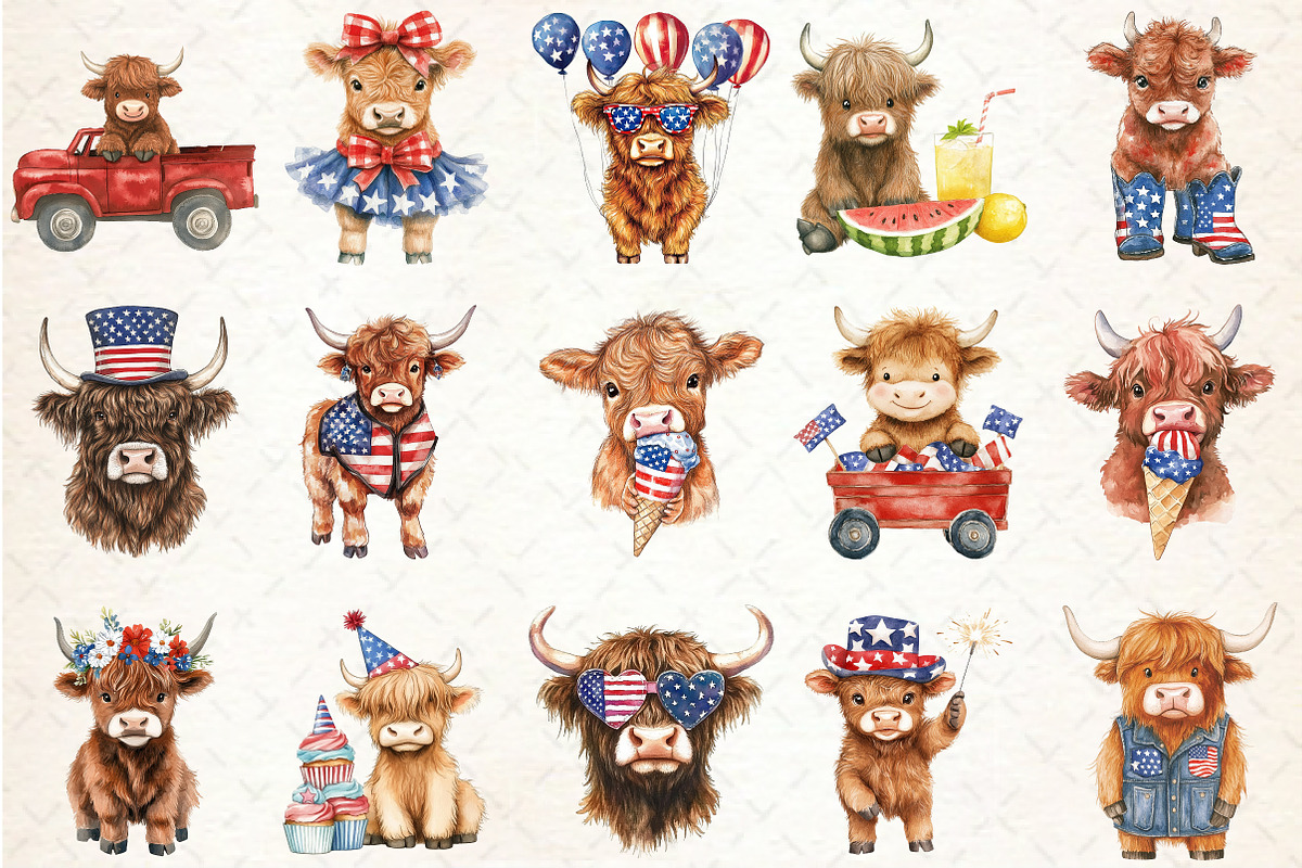 4Th of July Cute Highland Cow Clipar, a Seasonal Illustration by Rose Art (Photo 2 of 4)