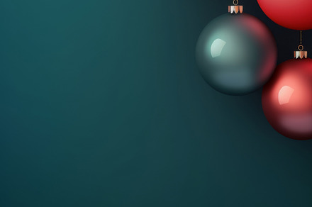 Christmas red and green matte ornaments on teal green background, a Photo by Dvoevnore photos
