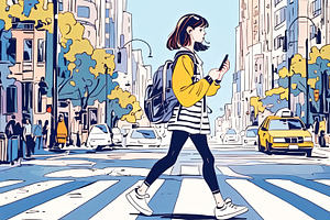 Teenage Girl Crossing City Street With Smartphone In Hand