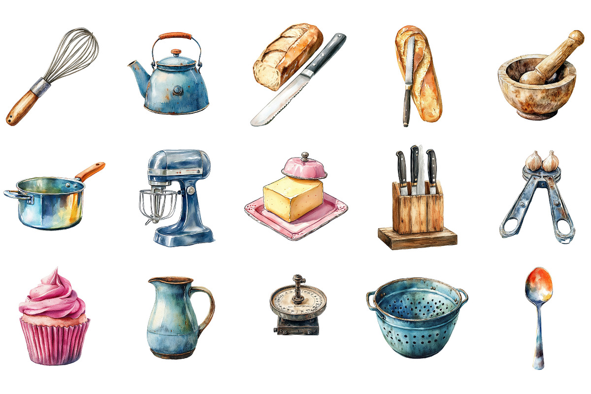 Watercolor Kitchen Utensils Clipart, an Icon by Designking (Photo 3 of 5)