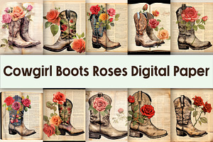 Cowgirl Boots Roses Digital Paper