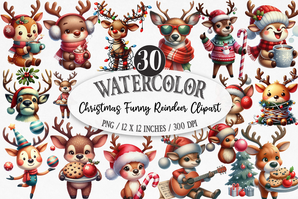 Christmas Funny Reindeer Clipart, an Illustration by Designking (Photo 1 of 5)