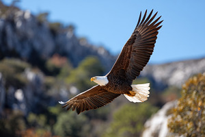 Bald eagle soaring in a clear blue sky, an Animal Photo by AlyaAnd