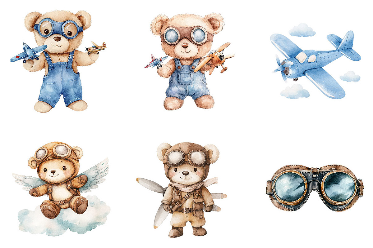 Aviator Teddy Bear Clipart, a Work Illustration by SinaCreation (Photo 2 of 7)