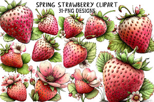 Whimsical Spring Strawberry Clipart, an Illustration by Daily.Designs