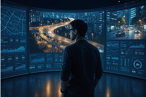 A man observing real-time data and, a Technology Illustration by Sergey Kotenev
