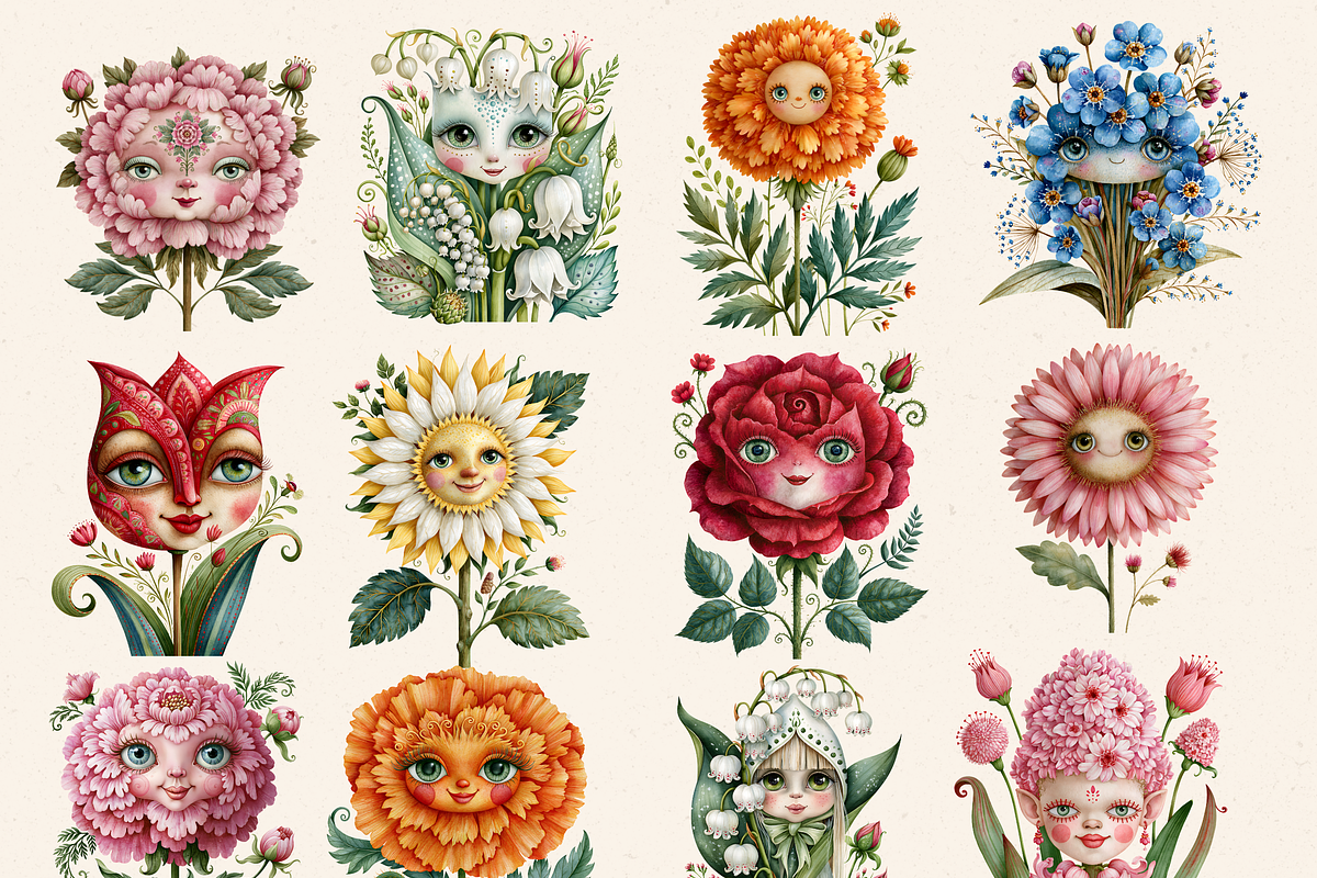 Surreal Flower Faces Clipart& Papers, a Seasonal Illustration by Daring Digies (Photo 3 of 11)