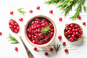 Cranberry sauce in a bowl top view., a Food & Drink Photo by Nadia-nb