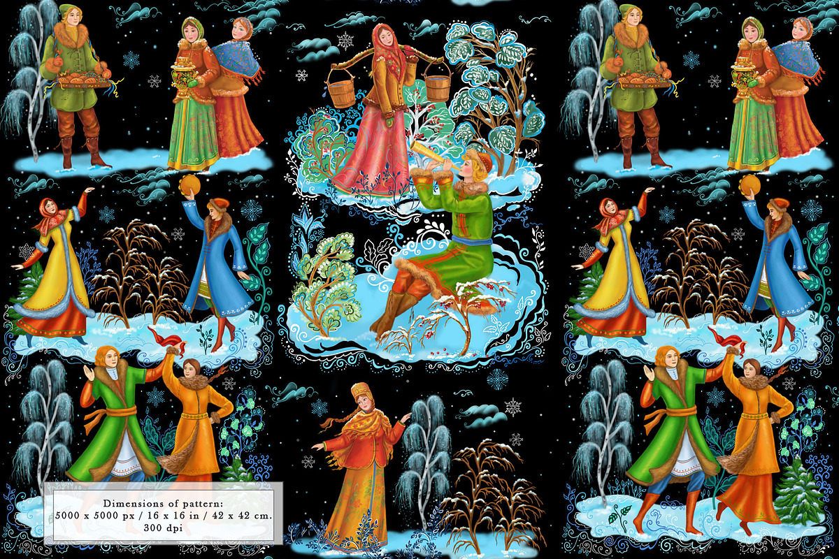 Palekh folk winter seamless pattern, a Pattern Graphic by Alena Lazareva (Photo 3 of 9)