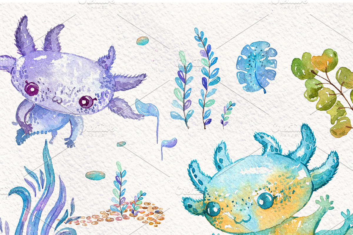 Axolotl cute and funny. Watercolor, an Illustration by JaneLane (Photo 4 of 4)