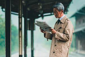 Asian senior traveler reading train departure information on a s