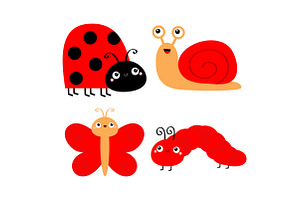 Red Insect Icon Set. Lady Bug, Snail