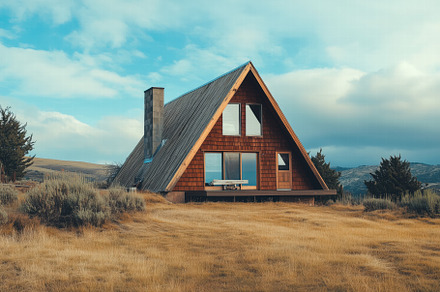 A picturesque A-frame cabin situated in a grassy landscape, surrounded by spars, an Architecture Photo by Textures & Backgrounds
