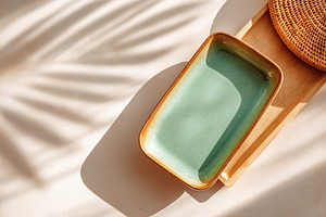 Rectangular ceramic plate with soft green glaze on a natural wooden surface, a Beauty & Fashion Photo by AlyaAnd