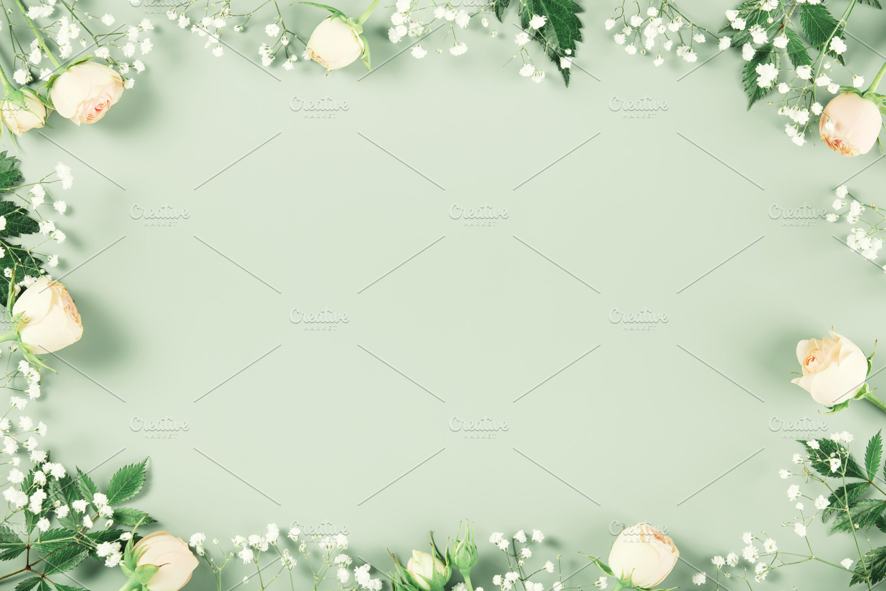 Roses and Baby’s Breath Floral Frame on Soft Green Background, a Holiday Photo by Natalia Klenova's Shop