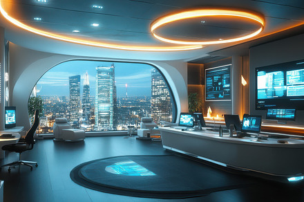 Futuristic office interior with a ci, a Background Photo by Pixeness