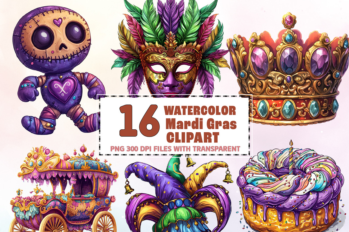 Mardi Gras Sublimation Clipart, an Illustration by Watercolor design (Photo 1 of 4)