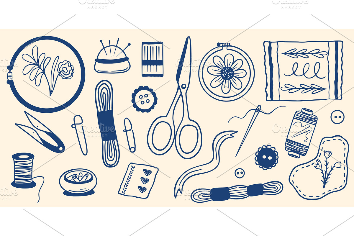 Embroidery and sewing hand-drawn kit, an Object Illustration by Tati_Kli