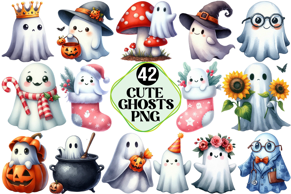 Cute Ghosts Clipart Bundle, an Illustration by Pixels.Craft (Photo 1 of 7)