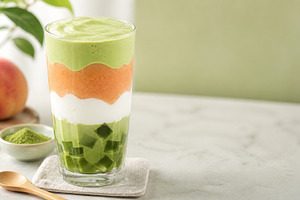 Layered matcha peach beverage with t, a Photo by Dvoevnore photos